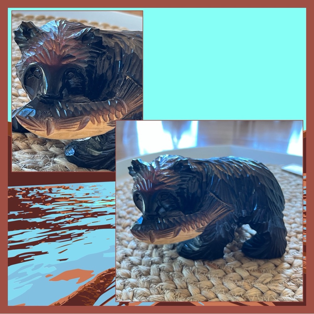Artisan bear wood carving with fish unmarked likely Ainu art Hokkaido Japan